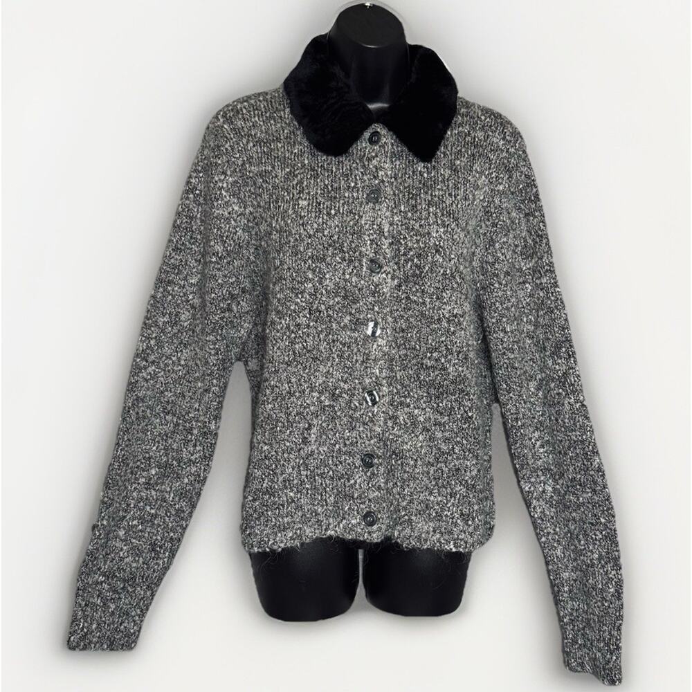 NWOT Samantha‎ Taylor VTG Mohair Blend MED Faux Fur Marled Gray Cardigan Sweater